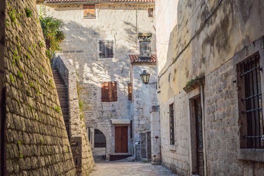 Colorful street in Old town of Kotor on a sunny day, Montenegro.