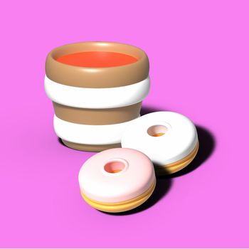 Sweet tasty donut with a cup of tea on a purple background, sweet pastry in 3d, tea party illustration