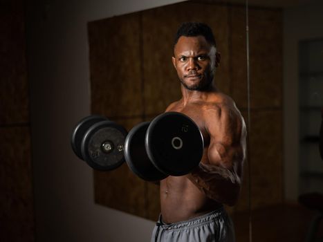 Muscular dark-skinned man doing an exercise with dumbbells