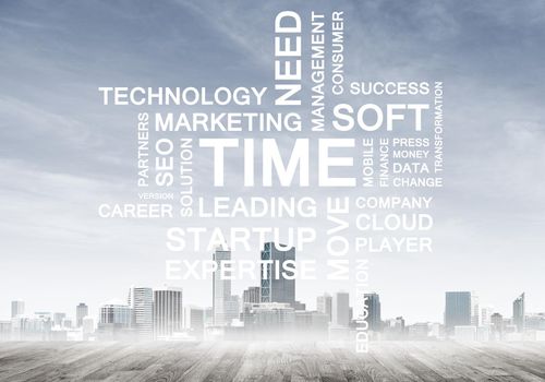 Concept of modern business with keywords collage on cityscape background