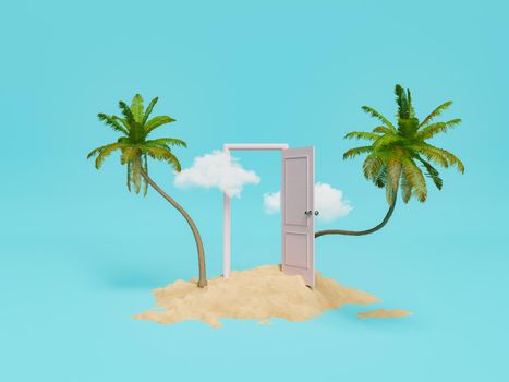 Tall green palms on sand with opened white door against blue sky with cloud during summer trip in tropical resort. 3d rendering