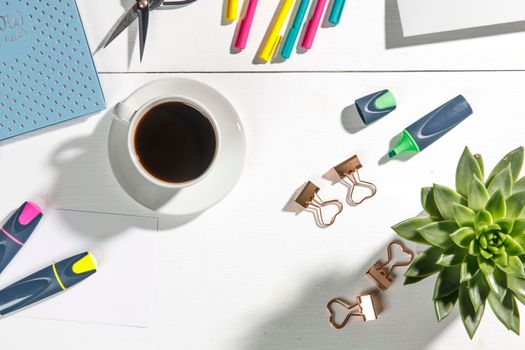 Layout for the office. Back to school. Blue notebook, colorful pens, felt-tip pens, paper clips, potted echeveria, a cup of tea. Place for text