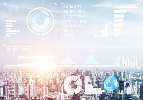 Forex trading business concept with abstract financial graphics on background of modern city skyline. Stock exchange market graph analysis. Digital analytics and statistics. Stats and economy.