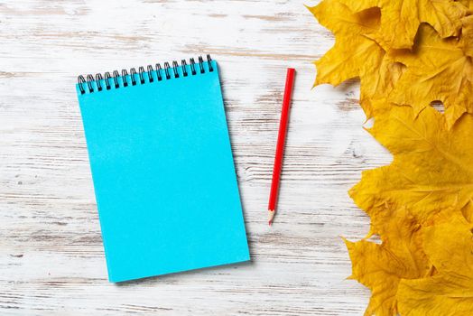 Spiral notepad and pen lies on vintage wooden desk with bright autumn foliage. Business and education concept. Flat lay with autumn leaves on white wooden surface. Blank notepaper with copy space.