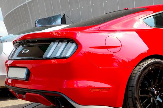 Wroclaw, Poland, August 15, 2021: modern red fast car Ford Mustang GT