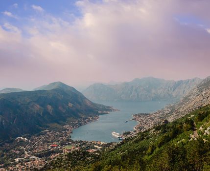 Kotor Bay - Montenegro - nature and architecture background. Kotor bay seen from above. Panoramic view on Kotor bay, Montenegro. Kotor in a beautiful summer day, Montenegro.