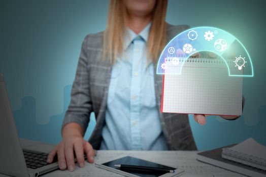 Lady in suit holding notepad representing innovative thinking.