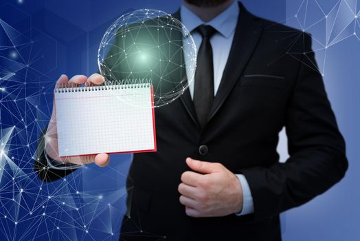 Businessman in suit holding notepad represents global innovative thinking.