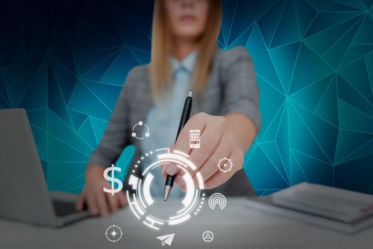 Lady in suit holding ballpoint pen representing innovative thinking.