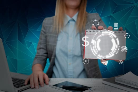 Lady in suit holding notepad representing innovative thinking.