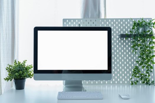 shopping, meeting, information searching, white screen laptop mockup can insert text, characters or images