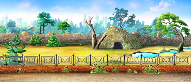 Animal enclosure in zoo and wildlife park. Digital Painting Background, Illustration.