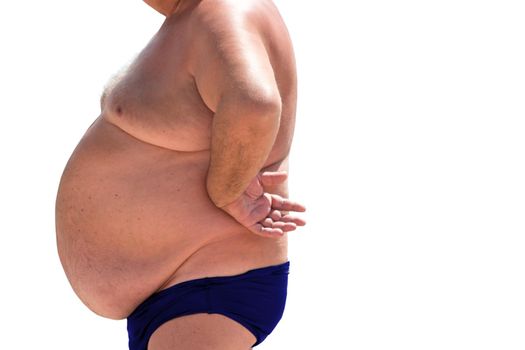 Man with big belly. Obese male isolated. Problem with health. Risk of heart attack.