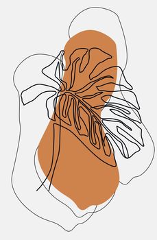 Continuous one line freehand drawing of tropical plant leaf on white and brown background. Abstract line art, illustration with minimal geometric shape