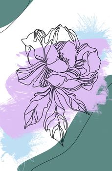 Continuous one line freehand drawing of peony flower on white background with viridian and lavender color spots. Abstract line art, illustration with minimal geometric shape