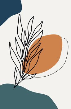 Hand drawn continuous line sketch of abstract plant leaf on white background with spots of blue and brown. Minimalist illustration, art pattern, boho design element