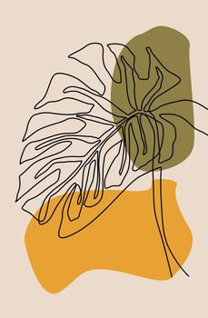 Doodle drawing in single continuous line of fenestrated leaf of tropical monstera plant on beige tone background with spots of yellow and khaki. Abstract minimalist illustration, floral pattern