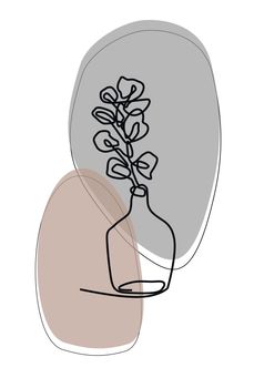One line hand drawn sketch of branch of blossoming orchid in vintage vase on white background with gray and beige spots. Abstract illustration for design use