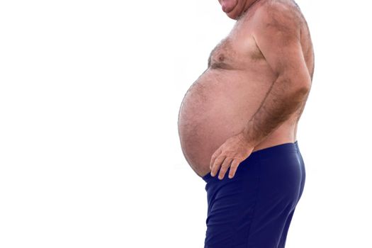 Isolated overweight man. Guy with big belly. Change lifestyle and return health. Increased risk of diabetes development.