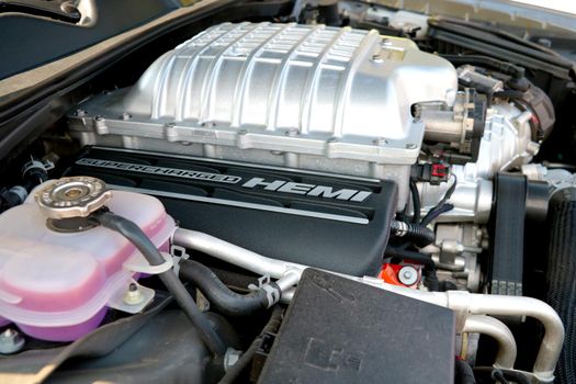 Wroclaw, Poland, August 15, 2021: Engine compartment of the car. Powerful and big supercar motor