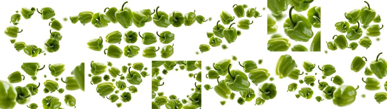 A set of photos. Green paprika levitates on a white background.