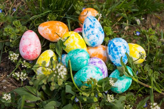 Happy Easter, colorful eggs and flowers. Grass and land.