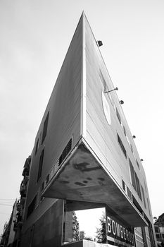 Alicante, Spain- March 28, 2022: Rectilinear and geometric facade of the fire station of Alicante city