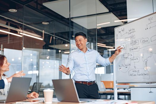 Businessman standing near board giving presentation and discussing strategy with colleagues