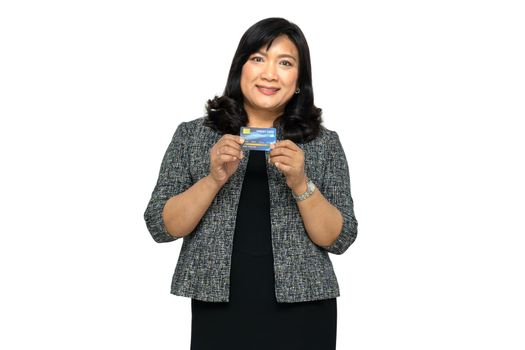 Business asian lady holding credit card isolated on white background with clipping path.