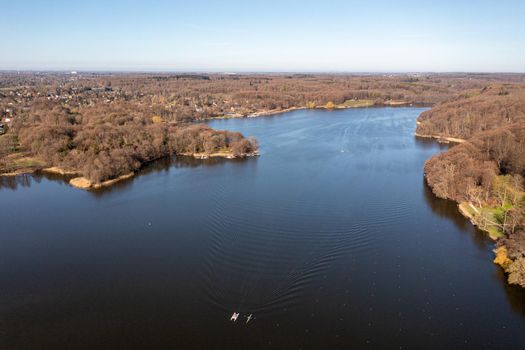 Bagsvaerd, Denmark - April 20, 2022: Aerial drone view of Bagsvaerd Lake in northeastern Zealand.