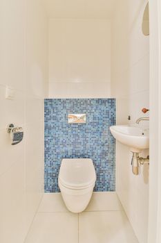 The interior of a spacious modern bathroom in a cozy residential apartment with a glazed hinged toilet and a corner sink
