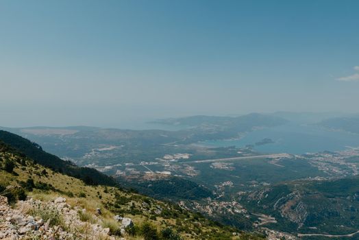 Beautiful nature mountains landscape. Kotor bay, Montenegro. Views of the Boka Bay, with the cities of Kotor and Tivat with the top of the mountain, Montenegro.