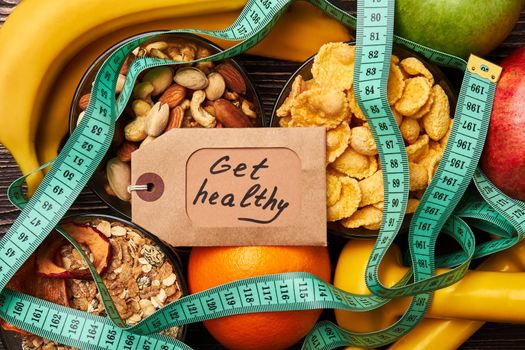 Fruits, nuts, cereals and card. Develop good habits.