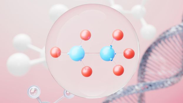 3d render of simple chemical bond in side cell or molecules. The associated of atoms, ions, bond and molecules. Liquid drop bubble background. Covalent bond. Biochemical interaction.