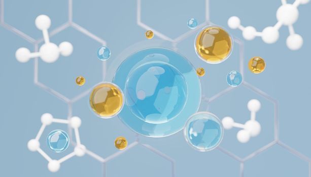 3d render of simple chemical bond in side cell or molecules. The associated of atoms, ions, bond and molecules. Liquid drop bubble background. Covalent bond. Biochemical interaction.