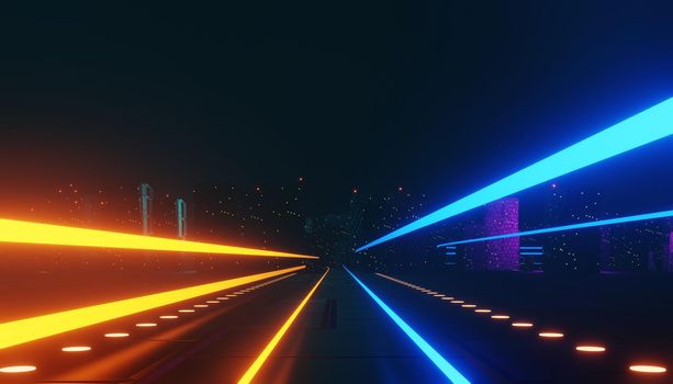 3d render of neon and light glowing on dark scene. Cyber punk night city concept. Night life. Technology network for 5g. Beyond generation and futuristic scene. Sci- fi pattern theme.