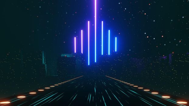 3d render of neon and light glowing on dark scene. Cyber punk night city concept. Night life. Technology network for 5g. Beyond generation and futuristic scene. Sci- fi pattern theme.