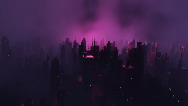 3d render of Cyber punk night city landscape concept. Light glowing on dark scene.  Night life. Technology network for 5g. Beyond generation and futuristic of Sci-Fi Capital city and building scene.