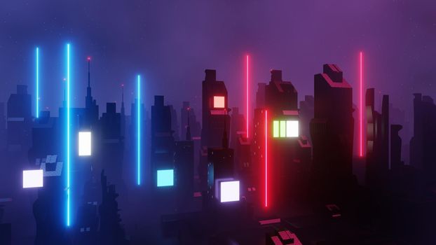 3d render of Cyber punk night city landscape concept. Light glowing on dark scene.  Night life. Technology network for 5g. Beyond generation and futuristic of Sci-Fi Capital city and building scene.