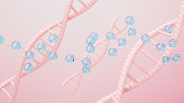 3d render of simple chemical bond in side cell or molecules. The associated of atoms, ions, bond and molecules. Liquid drop bubble background. Covalent bond. Biochemical interaction.