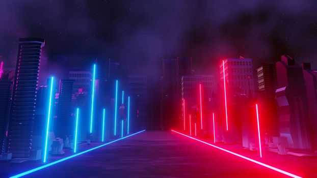 3d render of Cyber punk night city landscape concept. Light glowing on dark scene.  Night life. Technology network for 5g. Beyond generation and futuristic of Sci-Fi Capital city and building scene.