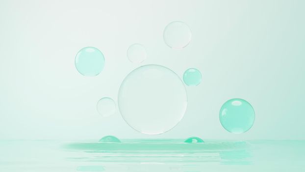 3d render of simple chemical bond in side cell or molecules. The associated of atoms, ions, bond and molecules. Liquid drop bubble background. Covalent bond. Biochemical interaction.