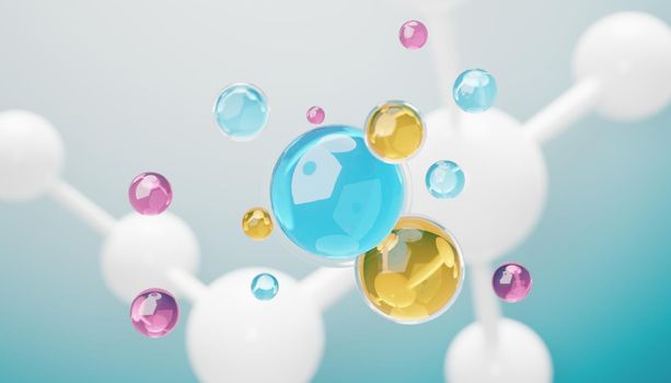 3d render of simple chemical bond in side cell or molecules. The associated of atoms, ions, bond and molecules. Liquid drop bubble background. Covalent bond. Biochemical interaction.