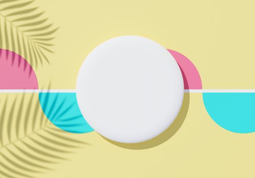 3d render top view of white blank cylinder frame for mock up and display products with shadows of palm leaves, earth tone, and pastel wall background. Creative idea concept. Widow shadow.