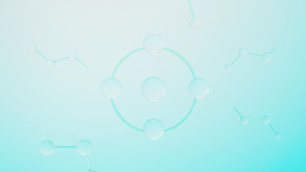 3d render of simple chemical bond in side cell or molecules. The associated of atoms, ions, bond and molecules. Liquid drop bubble background. Covalent bond. Biochemical interaction.