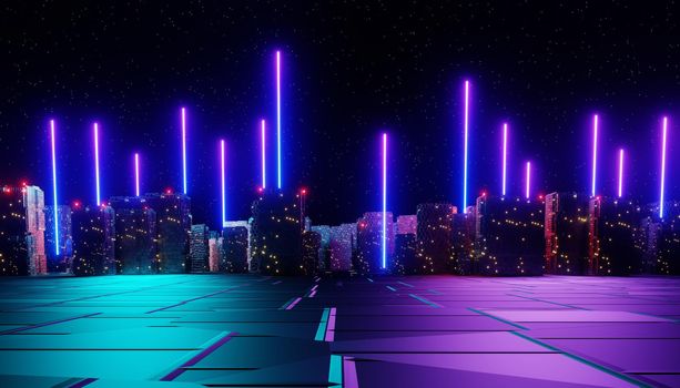 3d render of neon and light glowing on dark scene. Cyber punk night city concept. Night life. Technology network for 5g. Beyond generation and futuristic scene. Sci- fi pattern theme.