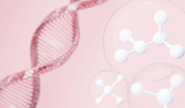 3d render of simple chemical bond in side cell or molecules. The associated of atoms, ions, bond and molecules. Liquid drop bubble background. Covalent bond. Biochemical interaction.