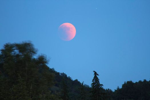 red moon in the blue sky at sunset. High quality photo