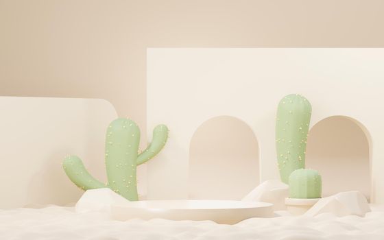 3d Mock up Brown cream podium with Cactus and Sands desert mini theme. Pedestal stage for product and cosmetic presentation. Abstract colorful scene for advertising. Sale promotion background.