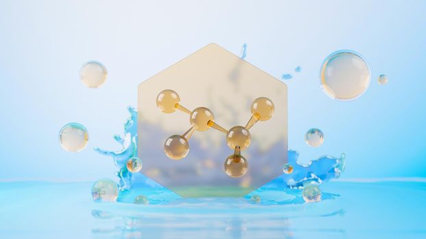 3d render of simple chemical bond in side cell or molecules. The associated of atoms, ions, bond and molecules. Liquid drop bubble background. Covalent bond. Biochemical interaction.